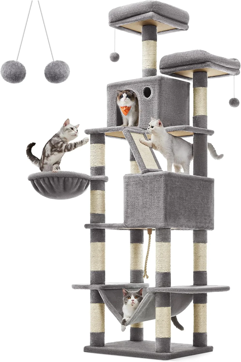 Flexible Feandrea Cat Tree 81.1-Inch Large Cat Tower with 13 Scratching Posts 2 Perches 2 Caves Basket Hammock Pompoms Multi-Level Plush Cat Condo for Indoor Cats Light Gray UPCT190W01 Specialty