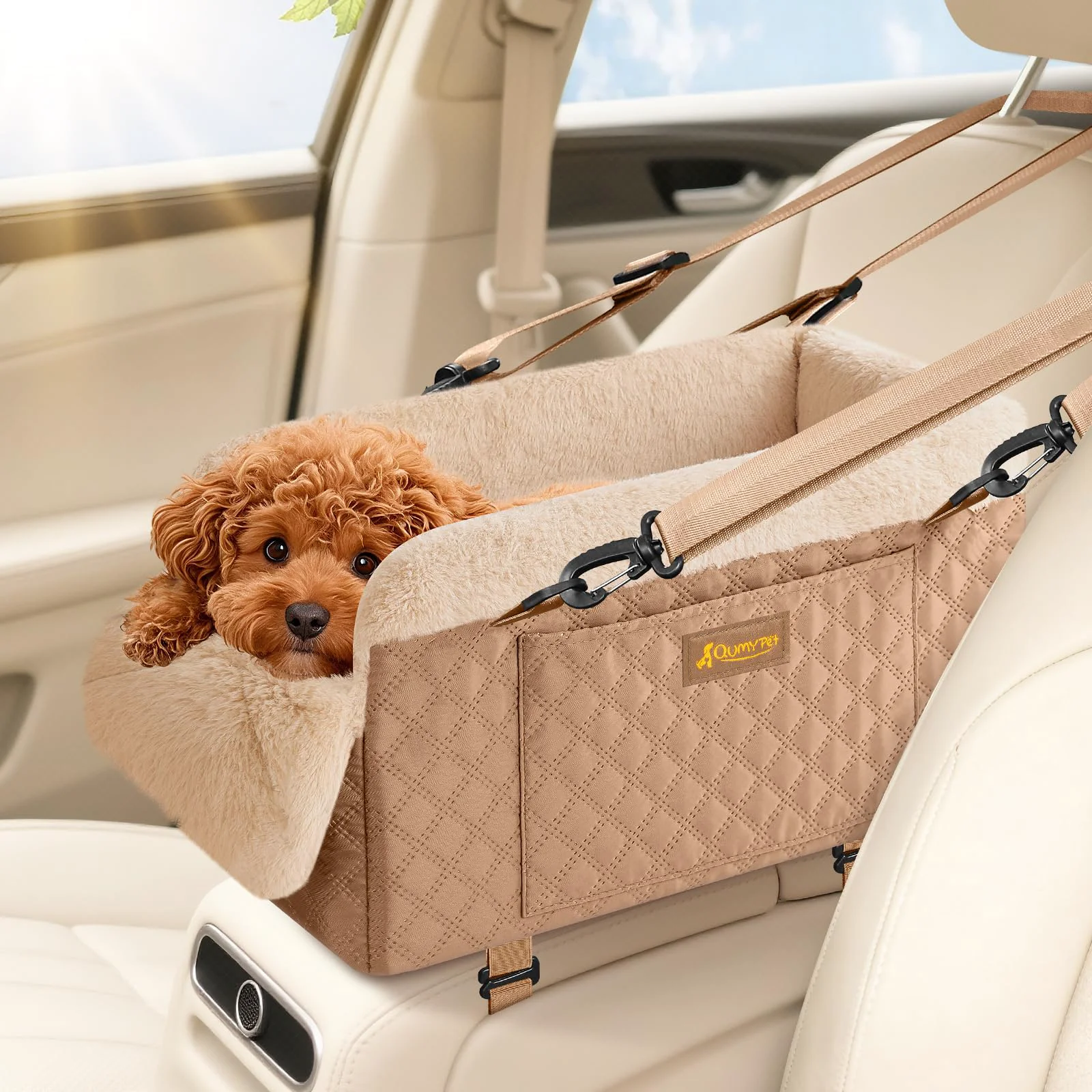 Minimalist QUMY Dog Car Seat for Small Dogs up to 11 lbs – Center Console Booster Khaki Enhanced