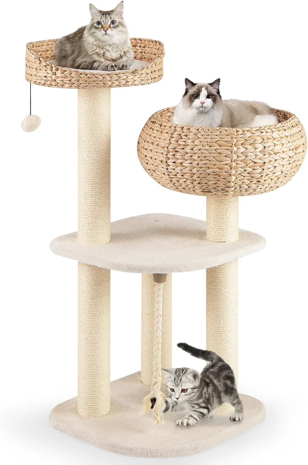 Excellent Tangkula Modern Cat Tree Tall Cat Tower with Natural Sisal Scratching Post Hand-Made Wicker Cat Condo Top Perch Funny Hanging Toy Ball Cute Cat Tree Tower for Indoor Cats Artisan