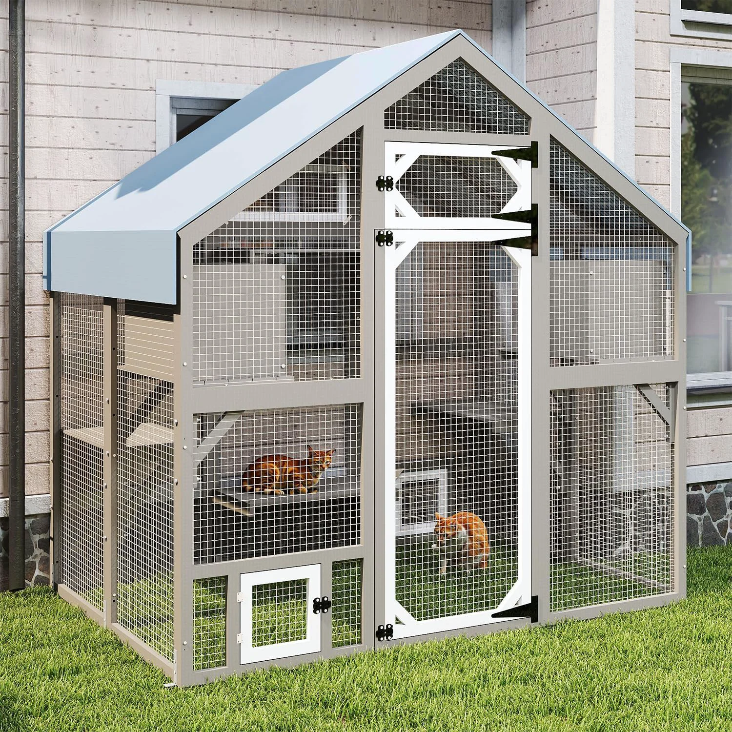 Long-Lasting Cat Catio Outdoor Enclosure for Multiple Cats Large Wooden Walk-in Cat House with Window Connection 2 Condos Platforms Doors and Weatherproof Roof Cover 69.5 L x 47 W x 71 H Carefully Designed