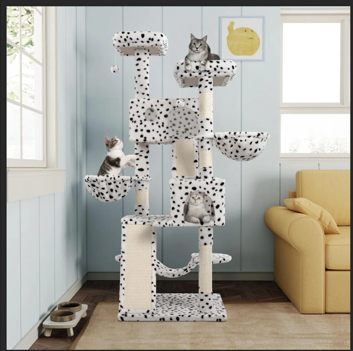 Functional MUTICOR 66 Inches Multi-Level Large Cat Tree Tower for Indoor Big Feline Cozy Plush Perches Condo Sisal Scratching Posts Hammock and Baskets Activity Center Play House Wide Base White Black Spot Easy-to-Use