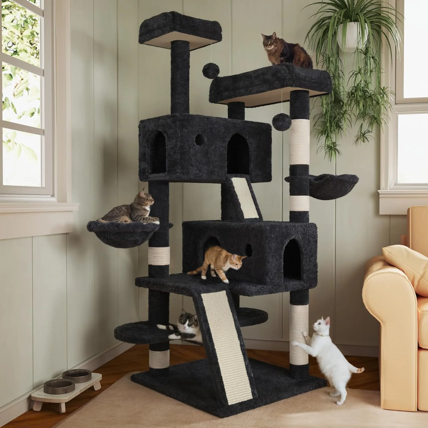 Fast MUTICOR 66 Inches Multi-Level Large Cat Tree Tower for Indoor Big Feline Cozy Plush Perches Condo Sisal Scratching Posts Hammock and Baskets Activity Center Play House Wide Base Dark Grey Modern