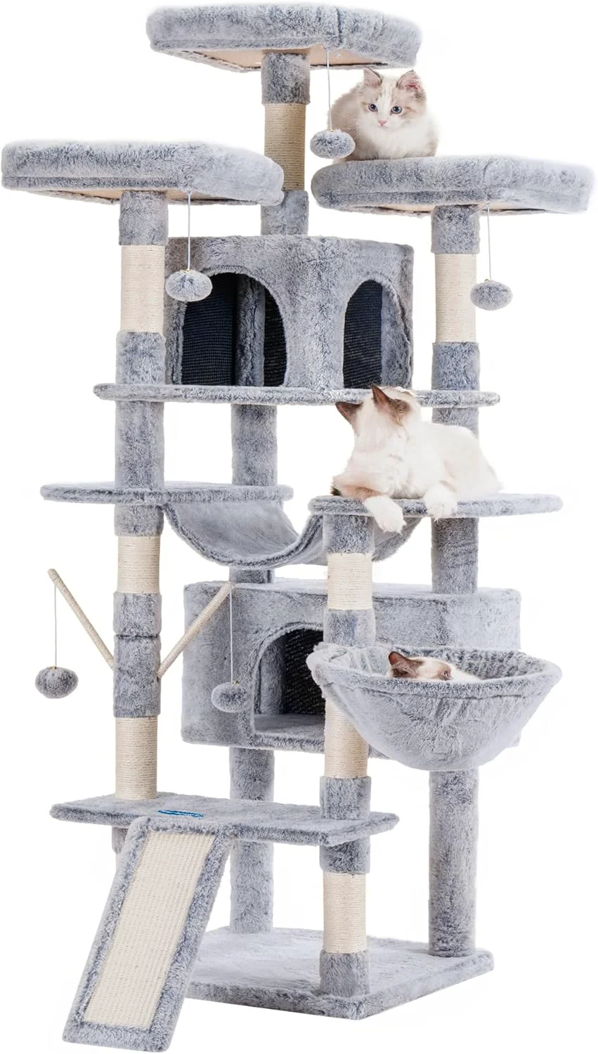 Modern Hey-brother Cat Tree 71 inches XL Large Cat Tower for Indoor Cats Multi-Level Cat House with 3 Padded Perches Big Scratcher Cozy Basket 2 Cat Condos and Scratching Posts Pewter MPJ034PE Selected