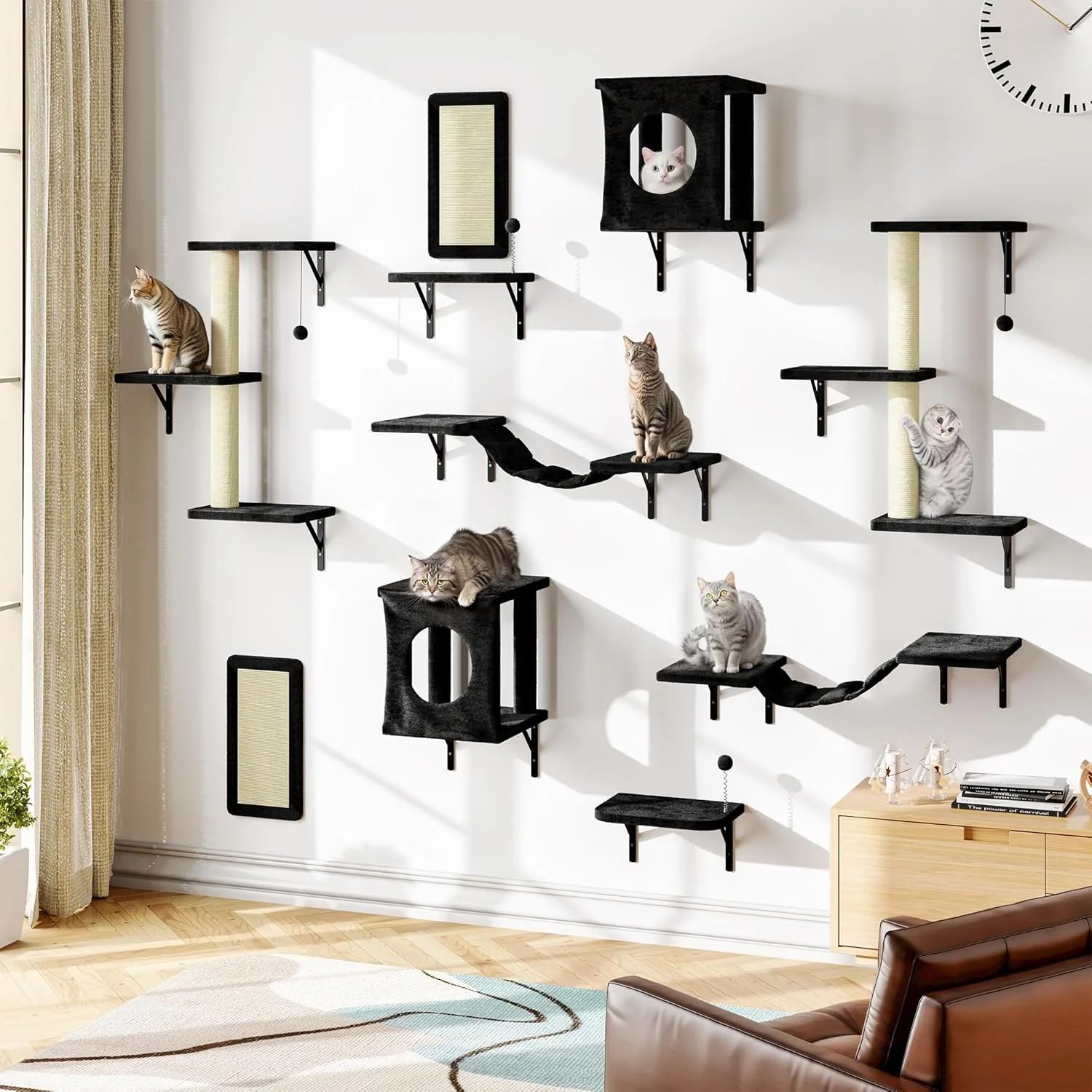 Expertly Made NUNU LAB Cat Wall Shelves 10-in-1 Wall-Mounted Cat Furniture Set Large Cat Climber Set with House Bridge Steps Scratcher DIY Playground Shelves for Indoor Wall Furniture Set - Black High-Performance