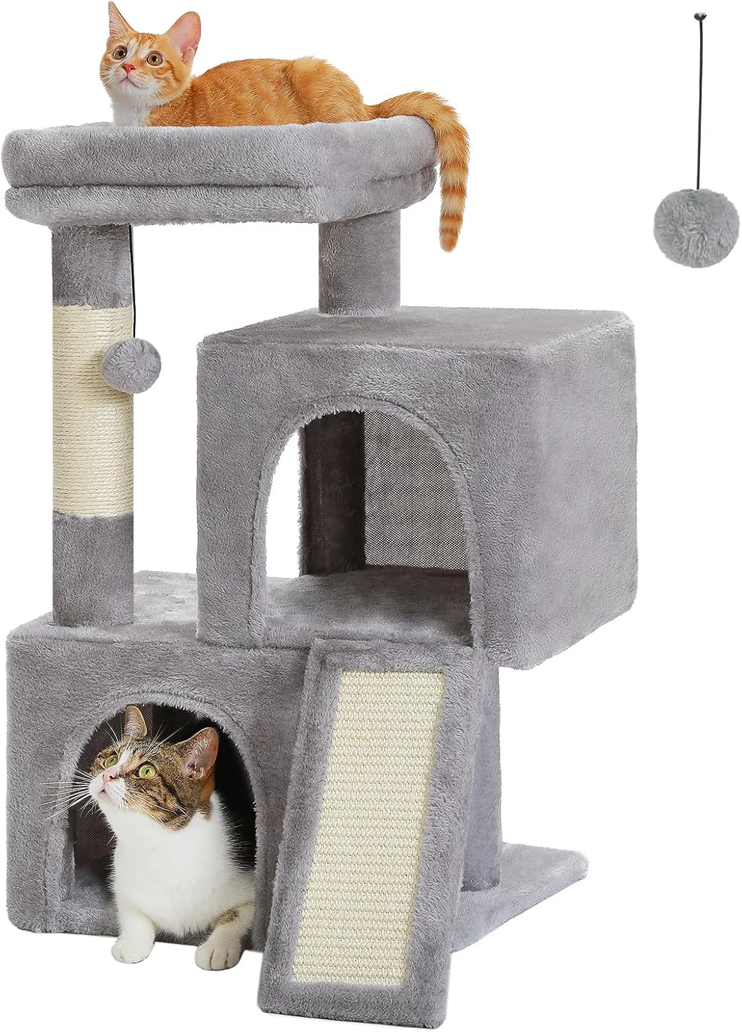 Next-Generation PAWZ Road Cat Tree 30 Inches Cat Tower with Dual Condos for Indoor Cats Plush Cat House with Padded Perch Scratching Ramp and Posts and Replaceable Balls-Gray Lightweight