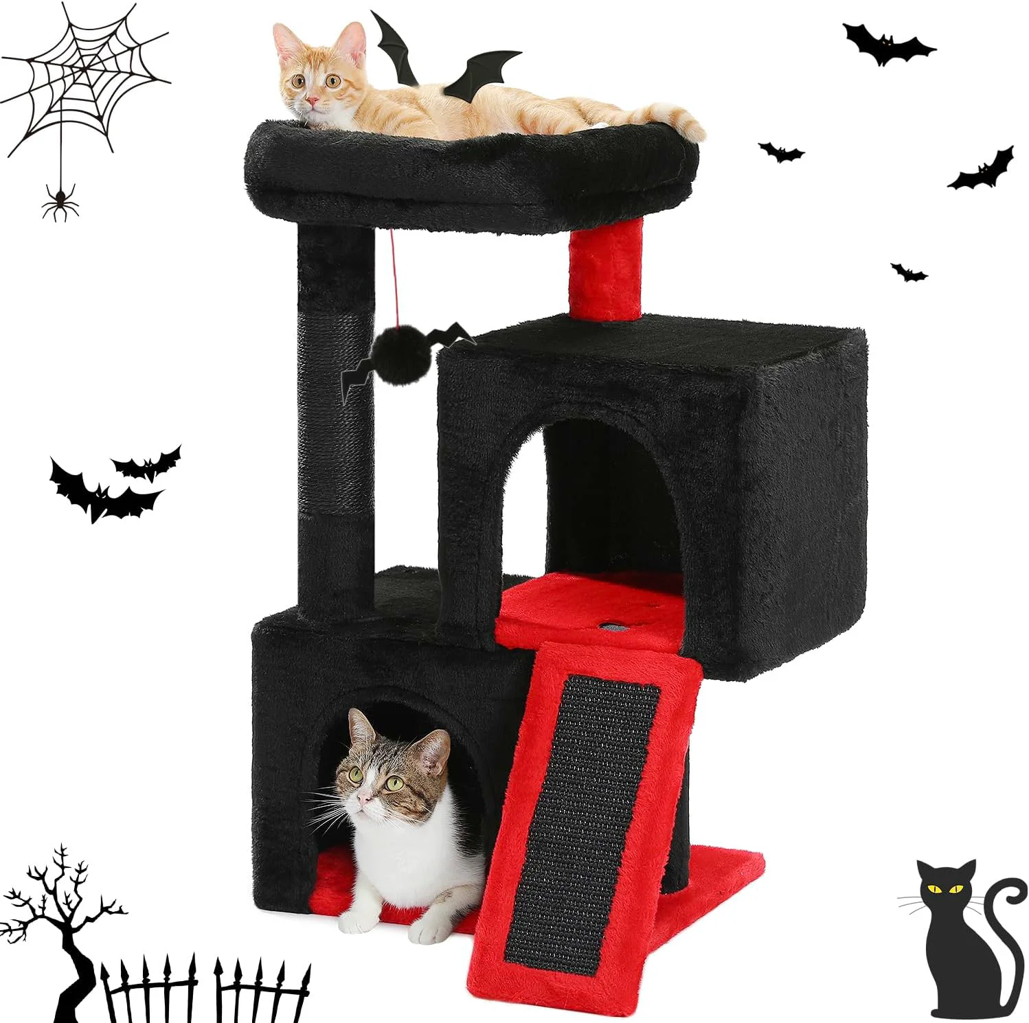 High-Quality PAWZ Road Gothic Cat Tree 30 Inches Black Cat Tower with Dual Condos for Indoor Cats Spooky Cat House with Padded Perch Scratching Ramp and Posts and Bat Toys Fine