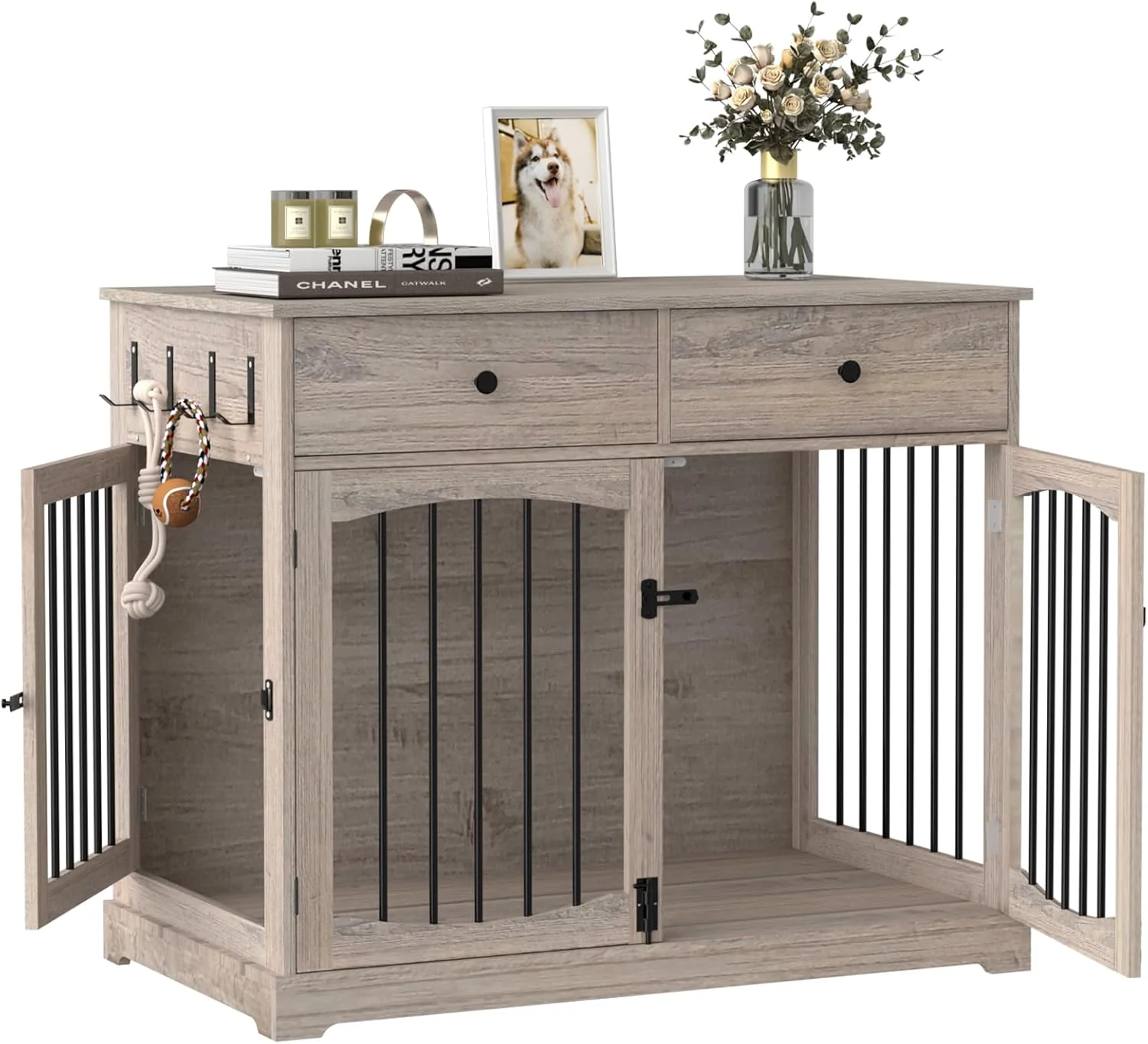Smart BREEZEHEAT 40 inch Dog Crate Furniture-Farmhouse Dog Kennel with Drawers-End Table Wooden Pet Crate Double Door Design Decorative Dog House Indoor for Small Medium Large Dog Oak Grey Top-Quality