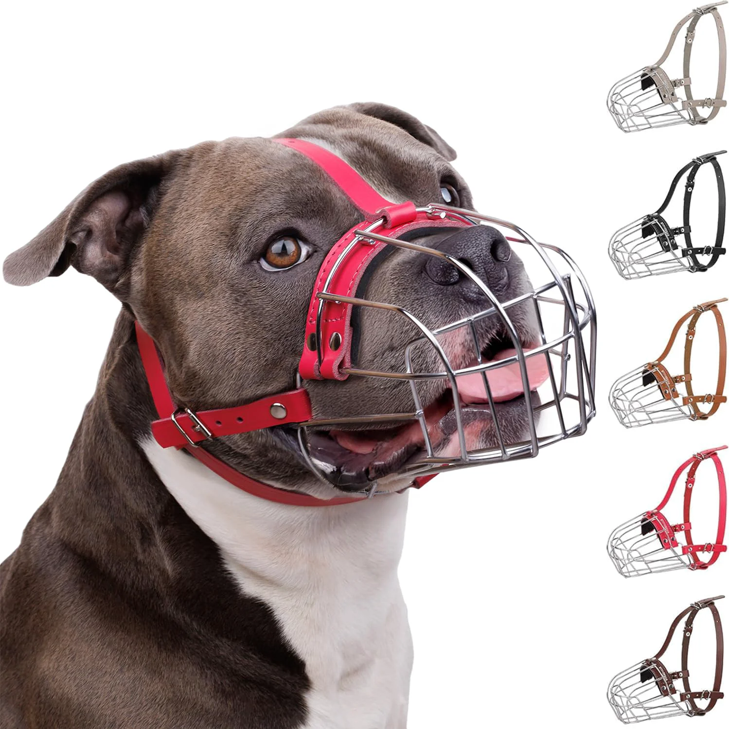 Stylish BRONZEDOG Pitbull Muzzle – Breathable Metal Basket for Large Dogs Pink Leather Relaxed