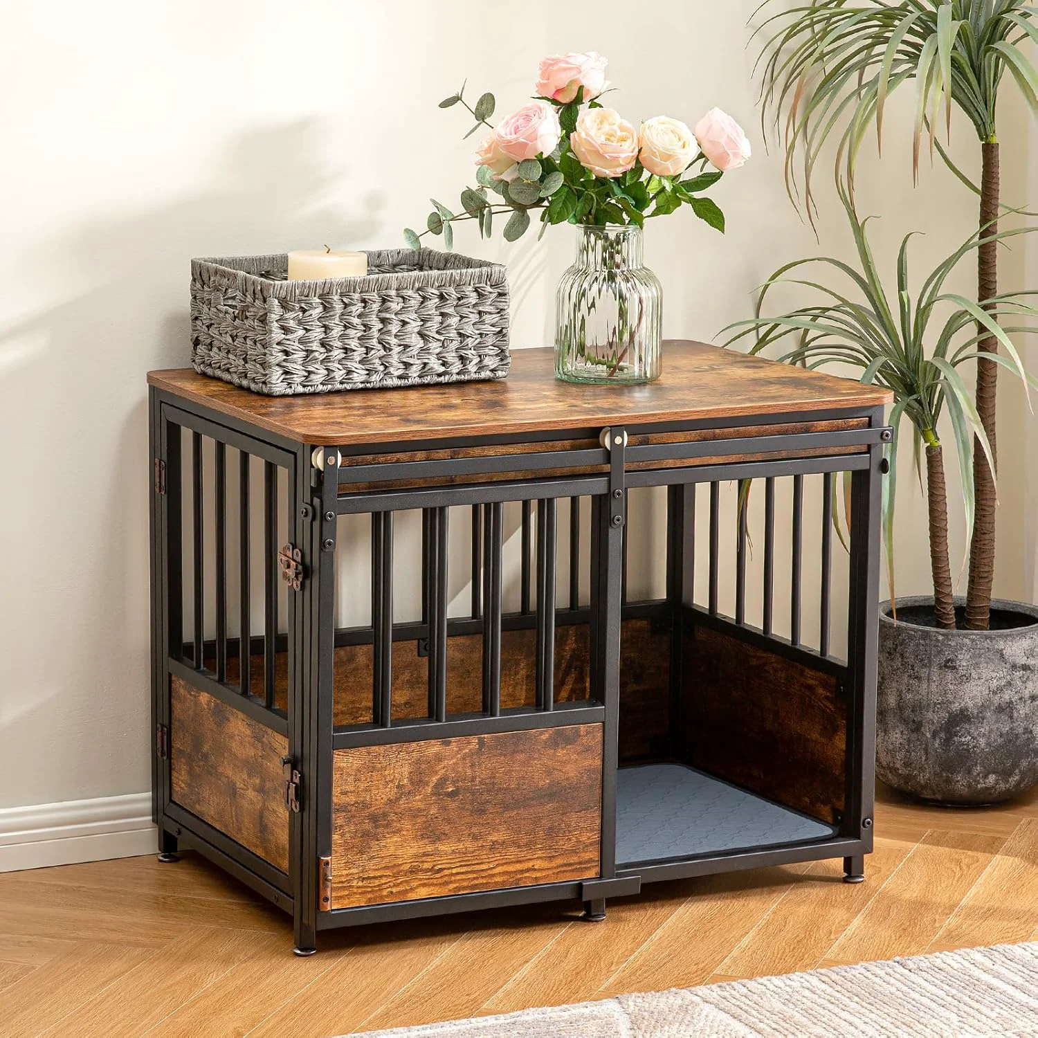 Smart KOOPRO 32 Inch Dog Crate Furniture with Cushion for Large Medium Dogs Wooden Heavy Duty Dog Kennel with Double Doors Decorative Pet House Dog Cage Side End Table Indoor Sliding Door Chew-Resistant Luxury