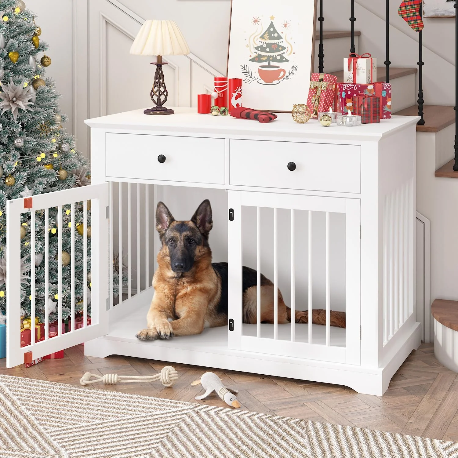 Detailed Dog Crate Furniture 44 Inch Wooden Dog Kennel Indoor with 2 Storage Drawers Heavy Duty Large Crate Furniture Decorative End Table Cage Furniture for Small Medium Large White First-Class