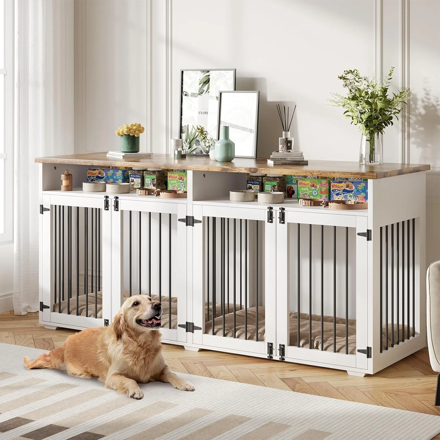 Traditional 72'' Dog Crate Furniture for 2 Dogs Wooden Dog Cage with Storage Compartment Indoor Dog Kennel with 4 Doors for Large Medium Dogs White Professional