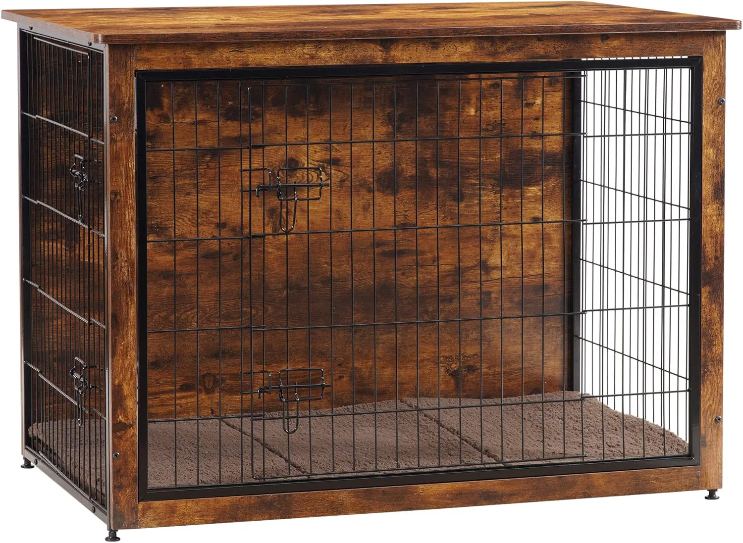 First-Class DWANTON Dog Crate Furniture with Cushion Wooden Kennel Table with Double Doors Indoor Dog House Extra Large Size 43.3 L Rustic Brown Organic