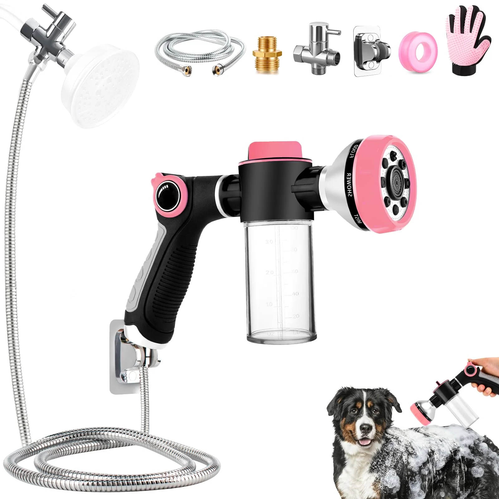 Functional KSSZZCO Dog Shower Attachment with 6.6ft Hose 8 Sprayer Modes Grooming Glove Holder Unique