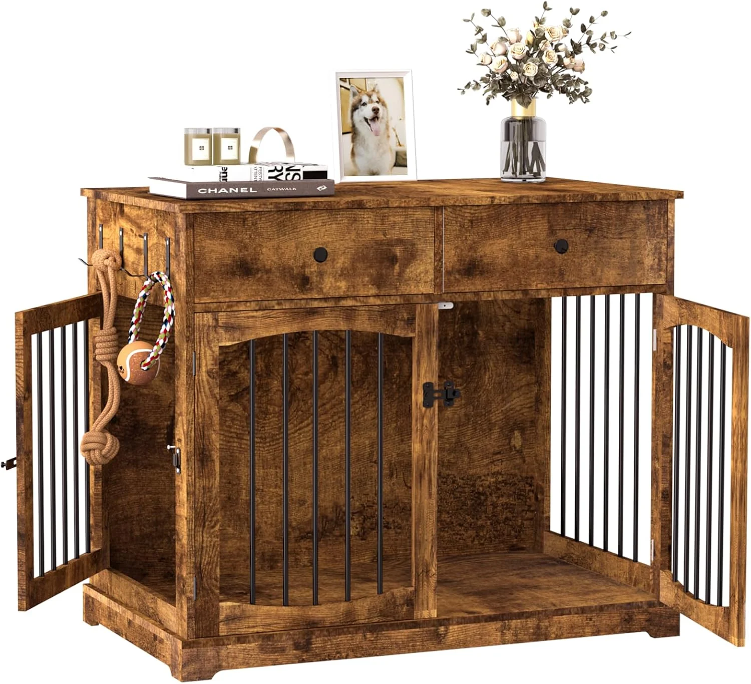 Sophisticated BREEZEHEAT 40 inch Dog Crate Furniture-Farmhouse Dog Kennel with Drawers-End Table Wooden Pet Crate Double Door Design Decorative Dog House Indoor for Small Medium Large Dog Brwon Crafted