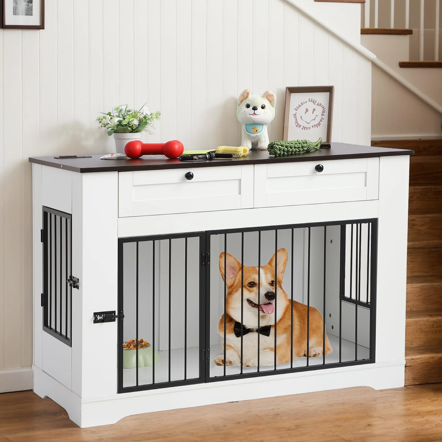 Next-Generation Large Dog Crate Furniture-Decorative Heavy Duty Dog Cage Indoor Wooden Dog Cage End Table with Charging Station Dog House with 2 Drawers White 47.2''L Minimalist