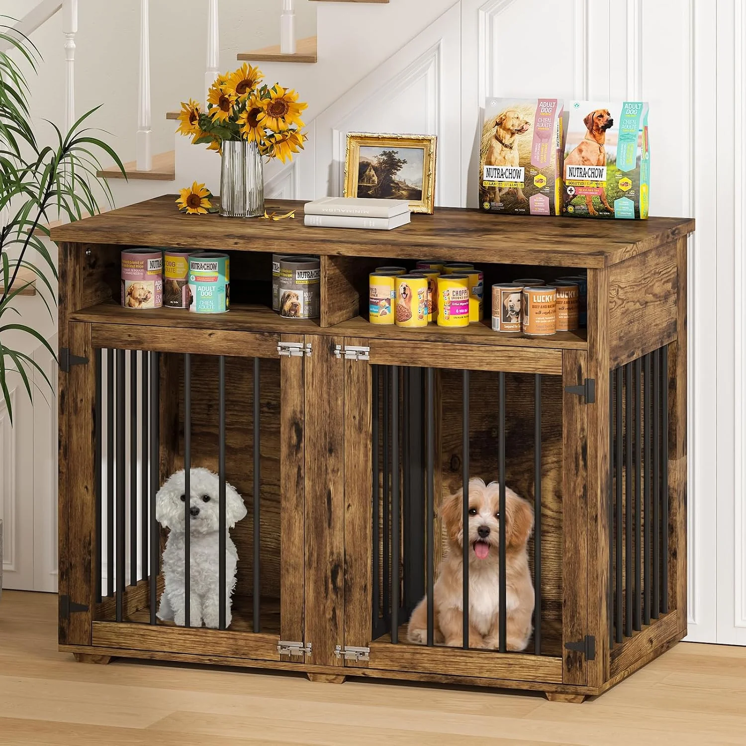 Professional Furniture Dog Crate for 2 Dogs 41 Inch Dog Kennel Furniture with Removable Divider and Shelf Storage Wooden Dog Crate for Small Medium Dogs Rustic Brown Practical