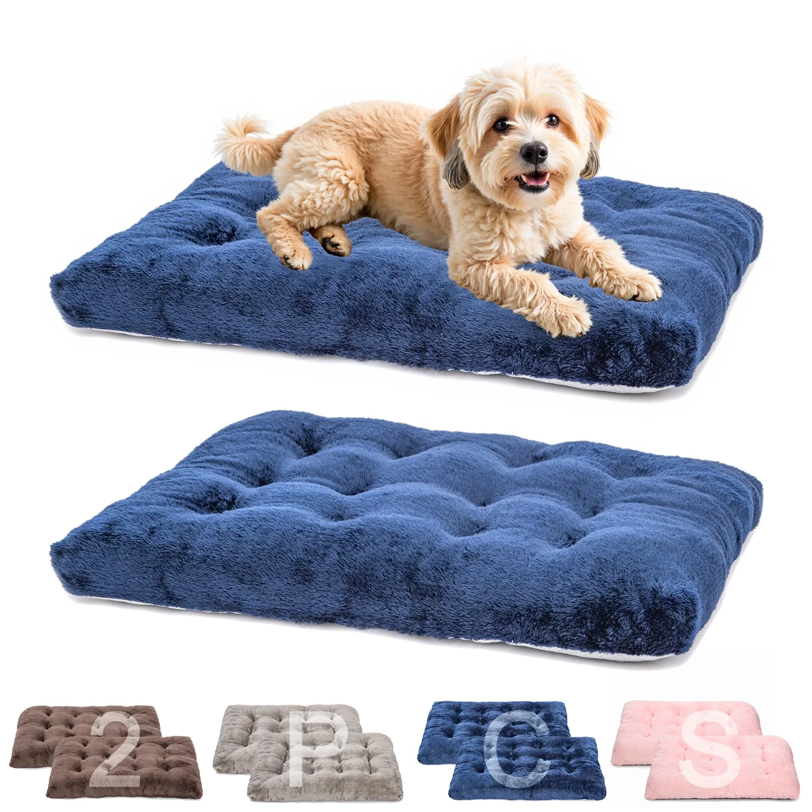Exclusive POMIU 2-Pack Washable Dog Bed – Deluxe Plush Kennel Mats Anti-Slip Navy 23 x 18 x 3 in Elite