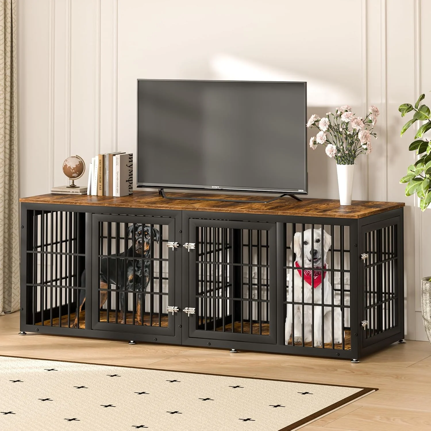 Natural 78 Inch Double Dog Crate Furniture Heavy Duty Extra Large Cage Furniture with Divider for 2 Dogs Decorative Wooden Kennel Furniture Indoor Metal Pet House for Large and Medium Dogs Trendy
