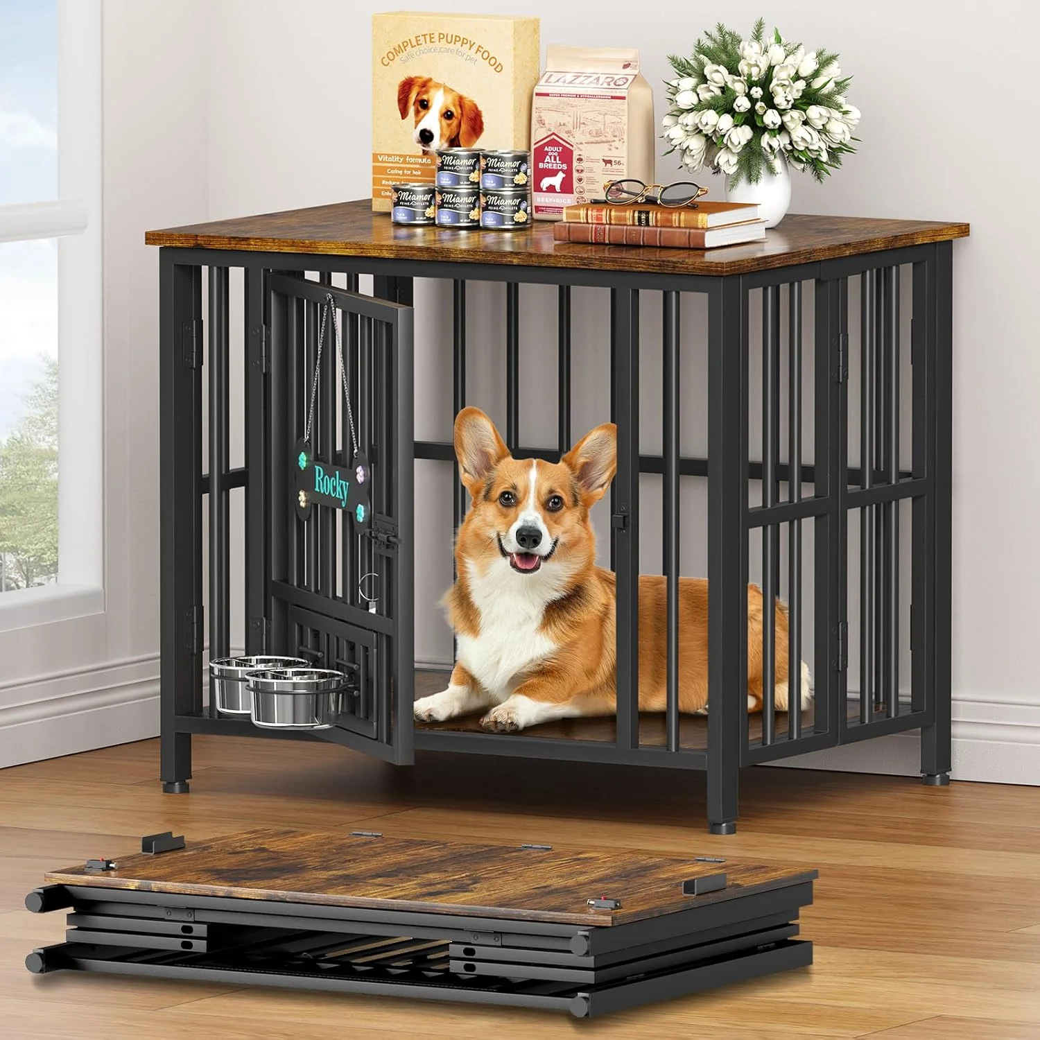 Powerful Easycom 31 Dog Crate Furniture Foldable No Assembly Decorative Dog Kennel Indoor Dog Crates for Small Dogs 20-40 lbs Wooden Dog Cage with Adjustable Bowls and Name Tag End Table Rustic Brown Excellent