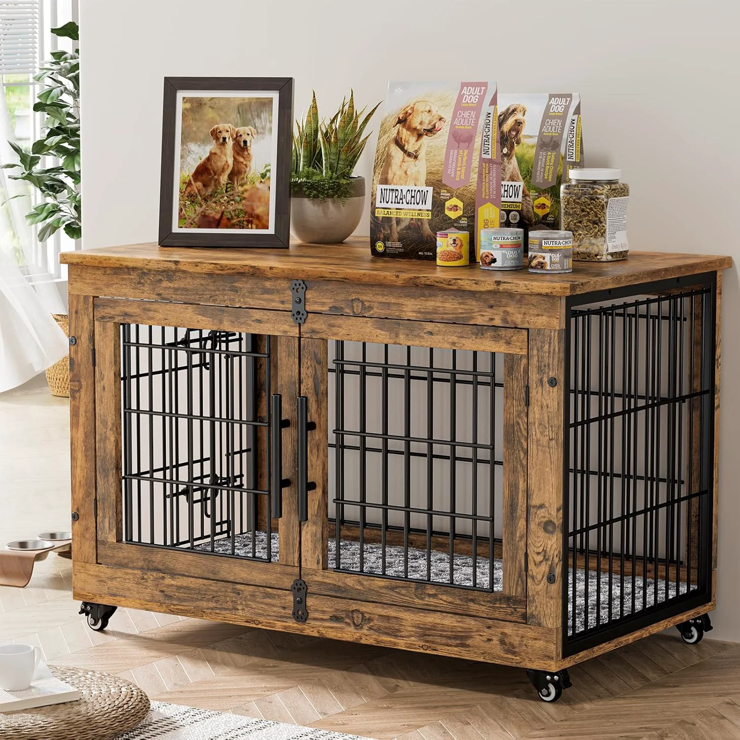Durable Lulive Dog Crate Furniture Dog Kennel Indoor Double Doors Wooden Dog Cage 38'' Heavy Duty Dog Crate with Cushion Wheels Decorative End Table Pet House Chew-Resistant for Large Medium Brown Comfortable