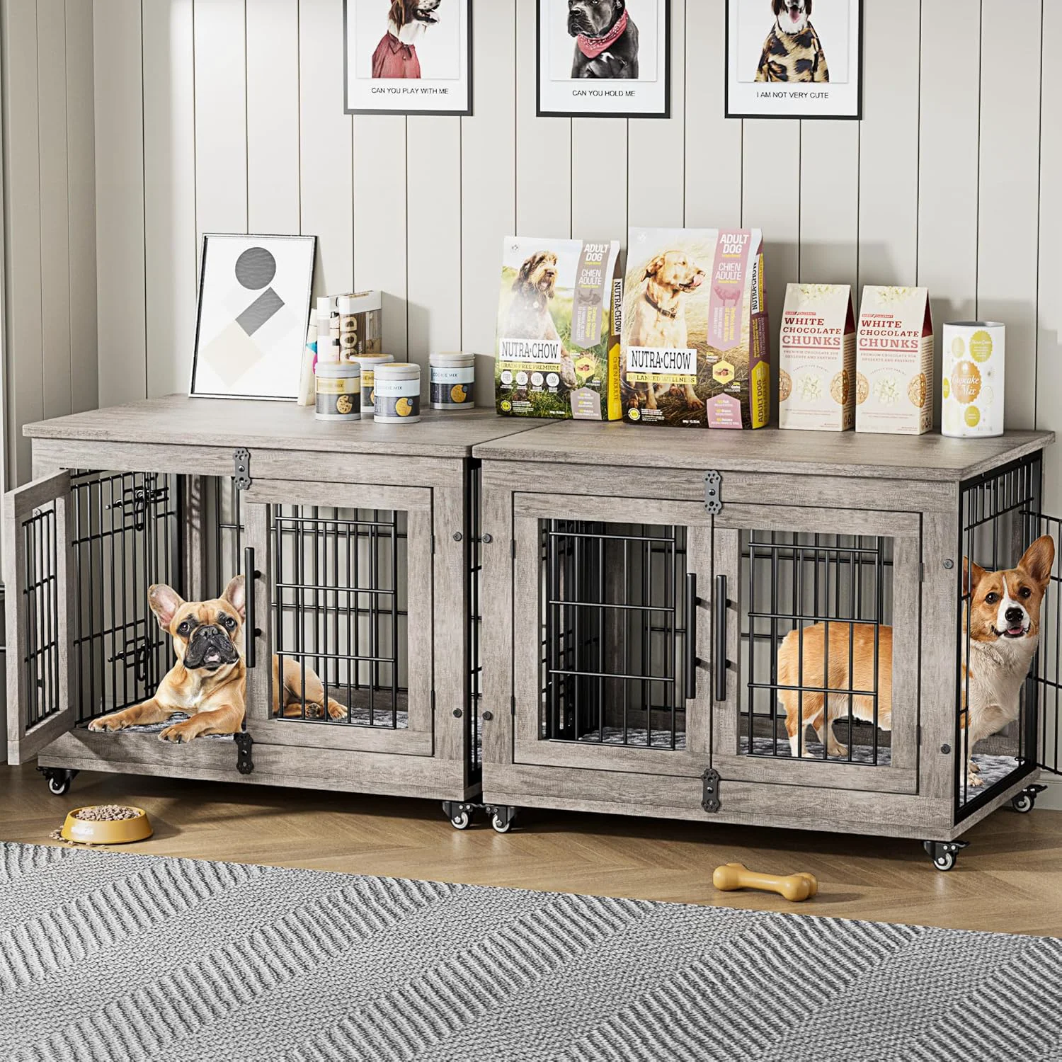 Genuine Lulive Dog Crate Furniture Set of 2 Dog Kennel Indoor Double Doors Wooden Dog Cage 32'' Heavy Duty Dog Crate with Cushion Wheels End Table Pet House Chew-Resistant Up to 45 lb Grey Effective