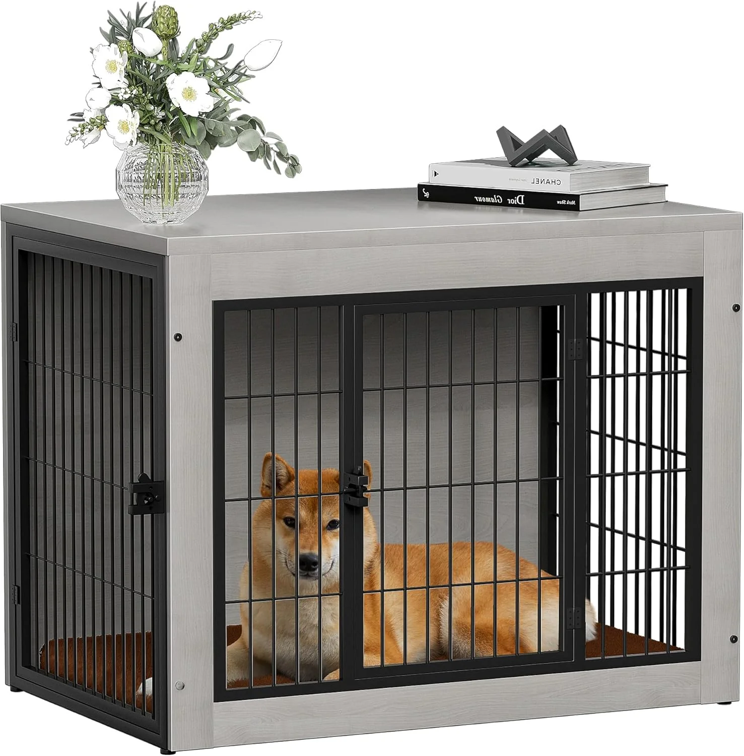 Efficient Bigrab Dog Crate Furinture with Thick Cushion Side End Table Wooden Dog Cage with Double Doors Chew-Resistant Dog Kennel Dog House Indoor for Small to Large Dog M Grey Flexible