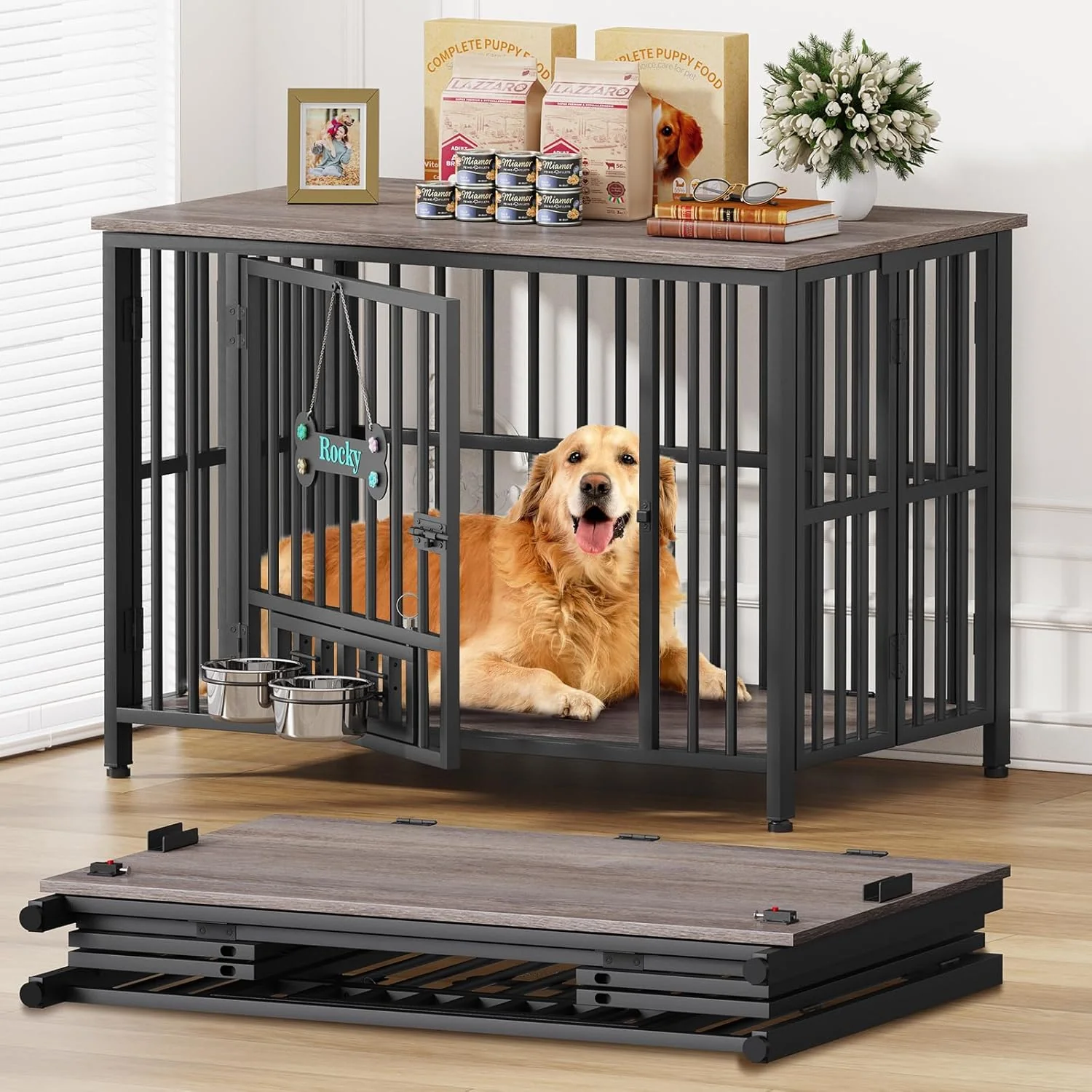 Premium Material Easycom 41 Dog Crate Furniture Foldable No Assembly Decorative Dog Kennel Indoor Dog Crates for Large Dogs 40-65 lbs Wooden Dog Cage with Adjustable Bowls and Name Tag End Table Oak Grey First-Class