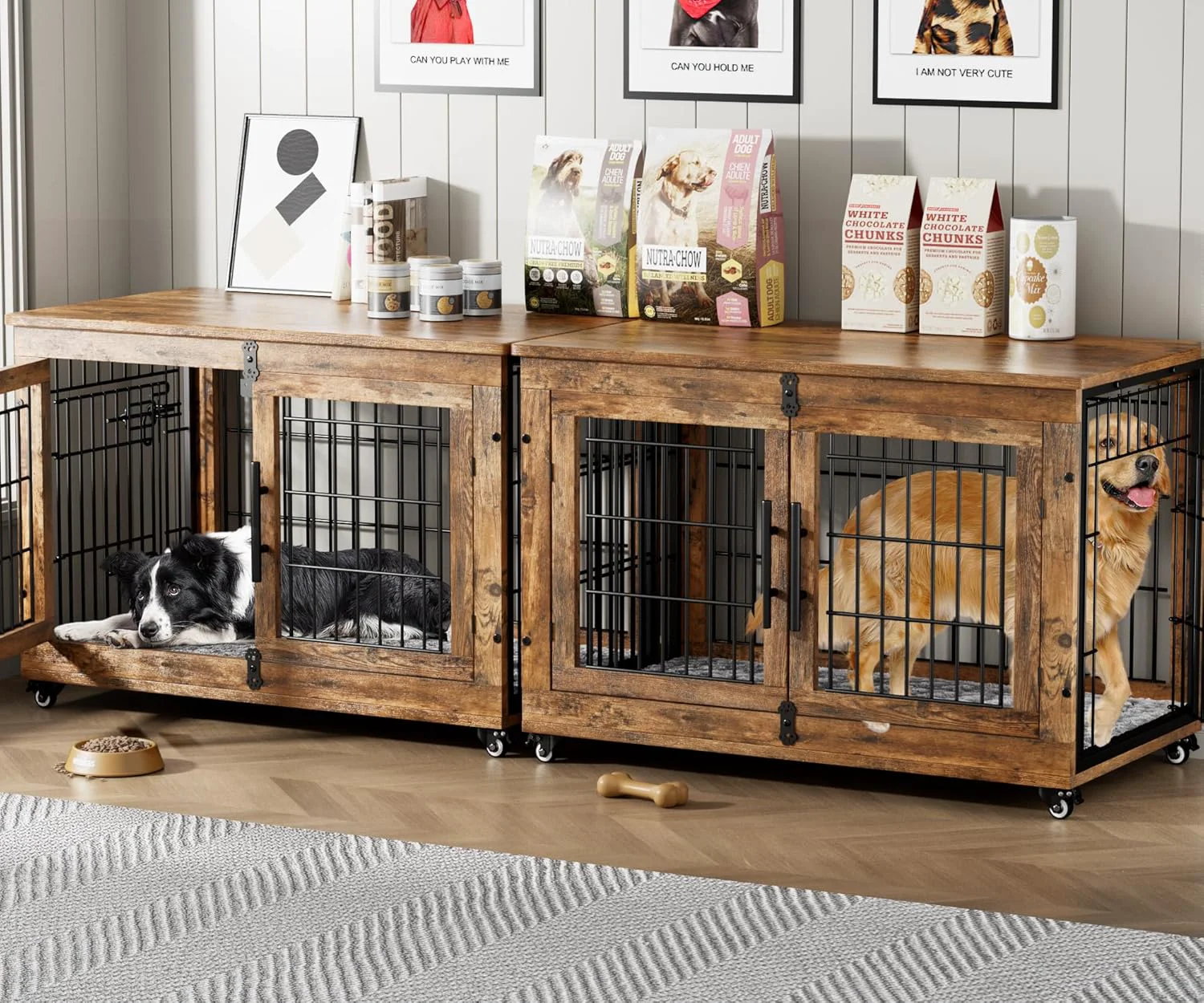 Contemporary Lulive Dog Crate Furniture Set of 2 Dog Kennel Indoor Double Doors Wooden Dog Cage 38'' Heavy Duty Dog Crate with Cushion Wheels End Table Pet House Chew-Resistant Up to 70 lb Rustic Brown Verified