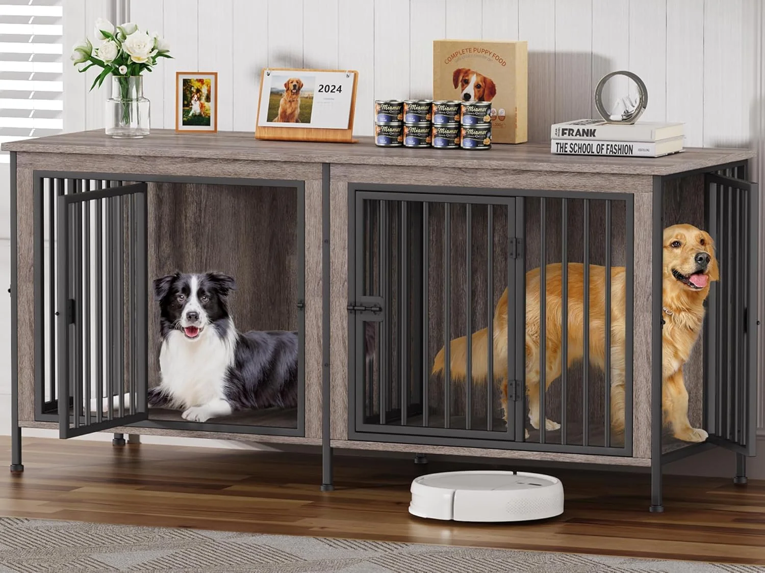 Pure EasyCom 78 Inch Dog Cage Furniture for 2 Pets with Divider XXL Wooden Double Dog Crate Furniture TV Stand for Mideum and Large Breed Durable and Sturdy Crafted