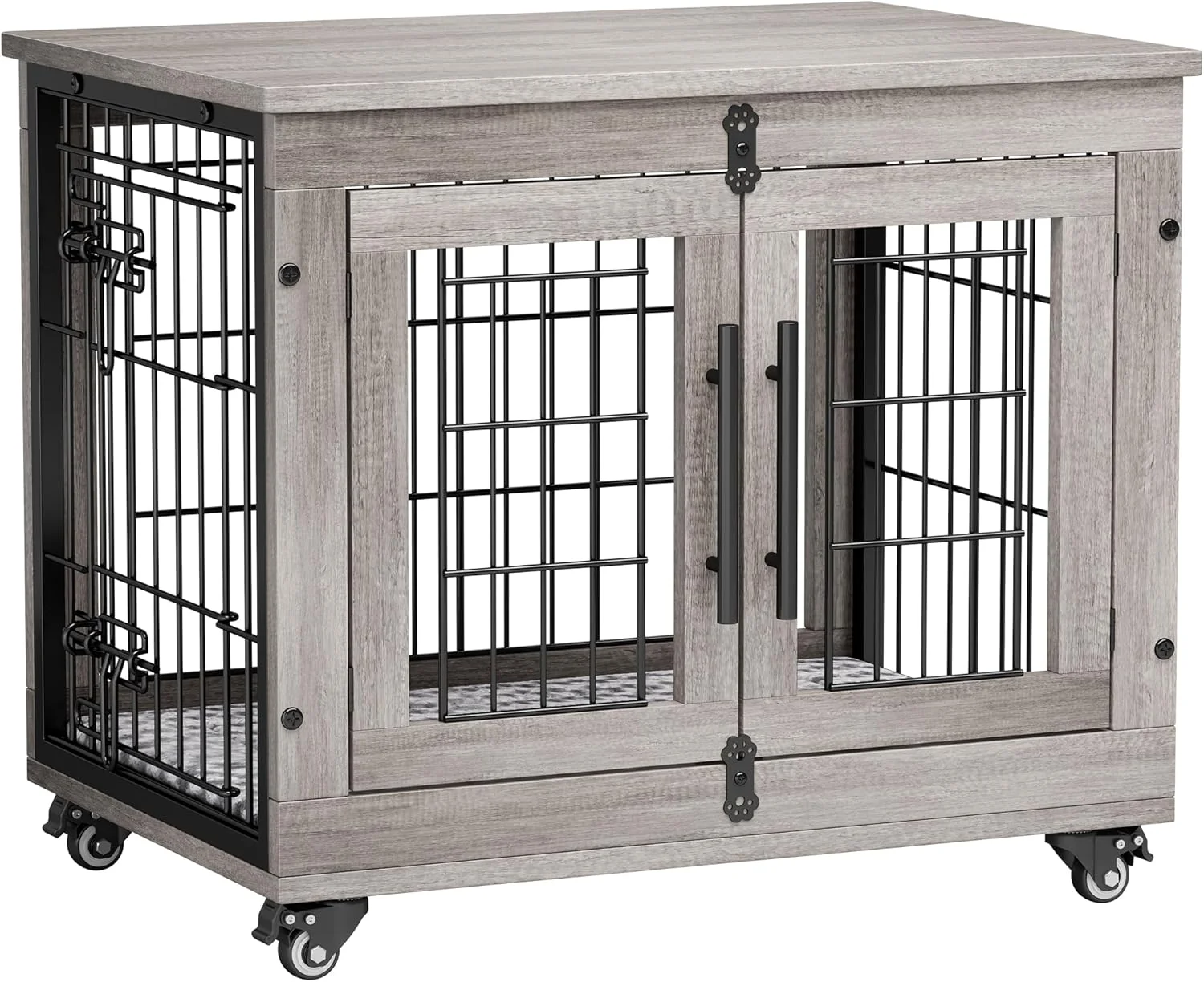 Long-Lasting Lulive Small Dog Crate Furniture Set of 2 Dog Kennel Indoor Double Doors Wooden Dog Cage 27'' Heavy Duty Dog Crate with Cushion Wheels End Table Pet House Chew-Resistant Up to 30 lb Grey Verified