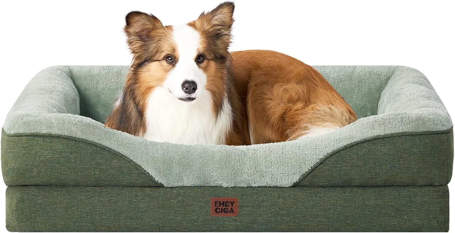 Minimalist EHEYCIGA Memory Foam Dog Bed for Medium Size Orthopedic Dog Sofa with Sides and Waterproof Liner Washable Bolster Pet Couch with Removable Cover 35x22x6.5 Inch Green Luxury