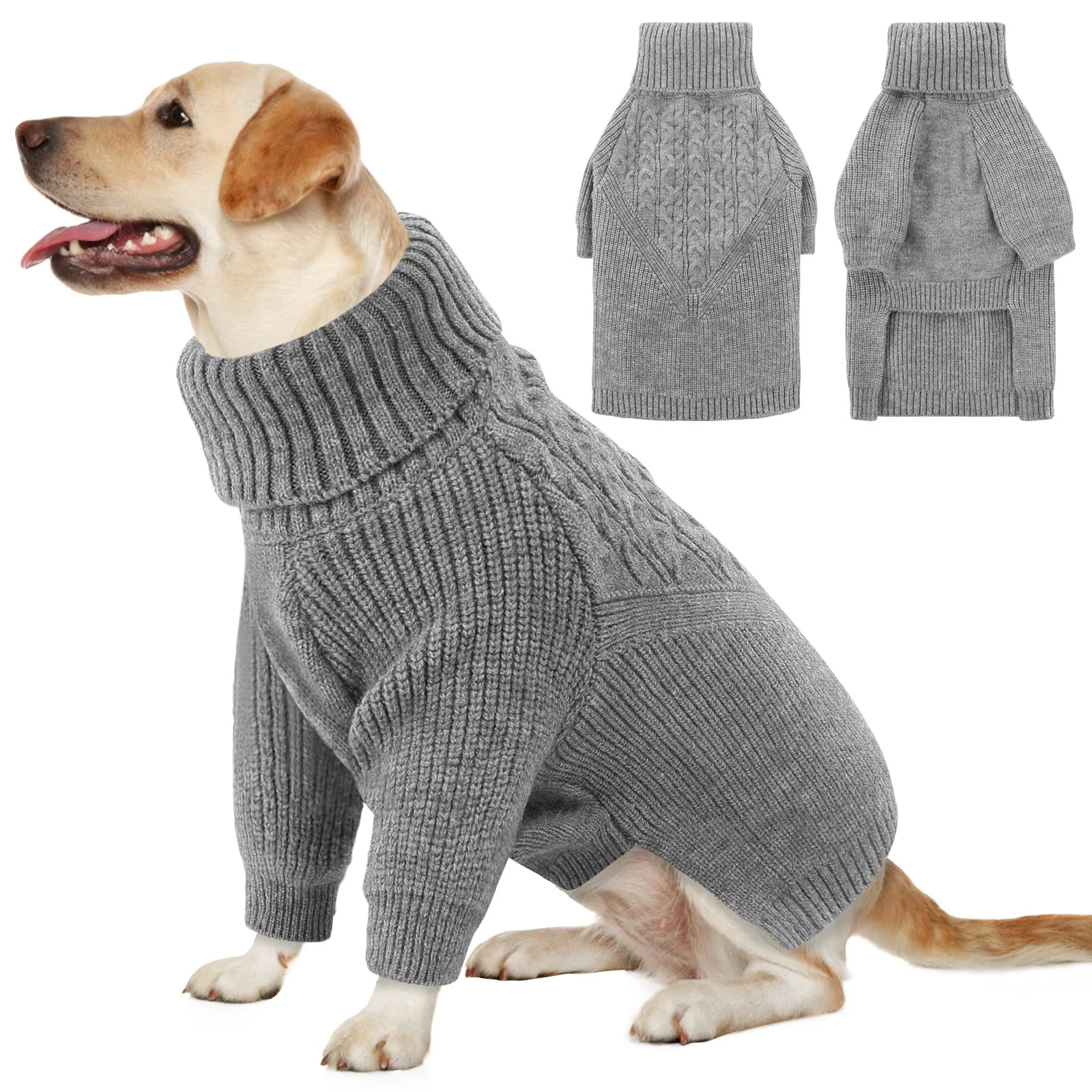 Certified Queenmore XXL Dog Sweater for Large Breeds – Grey Turtleneck Knit Warm Winter Coat Elegant