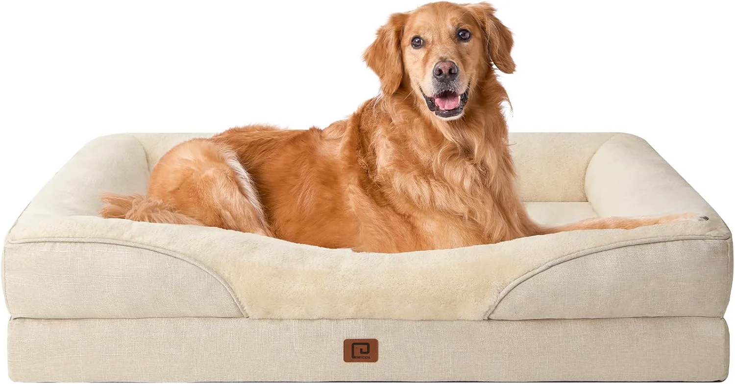 Durable EHEYCIGA Memory Foam XL Dog Bed for XLarge Sized Extra Large Orthopedic Dog Sofa with Sides and Waterproof Liner Washable Bolster Pet Bed Couch with Removable Cover 42x30x7.5 Inch Beige Detailed