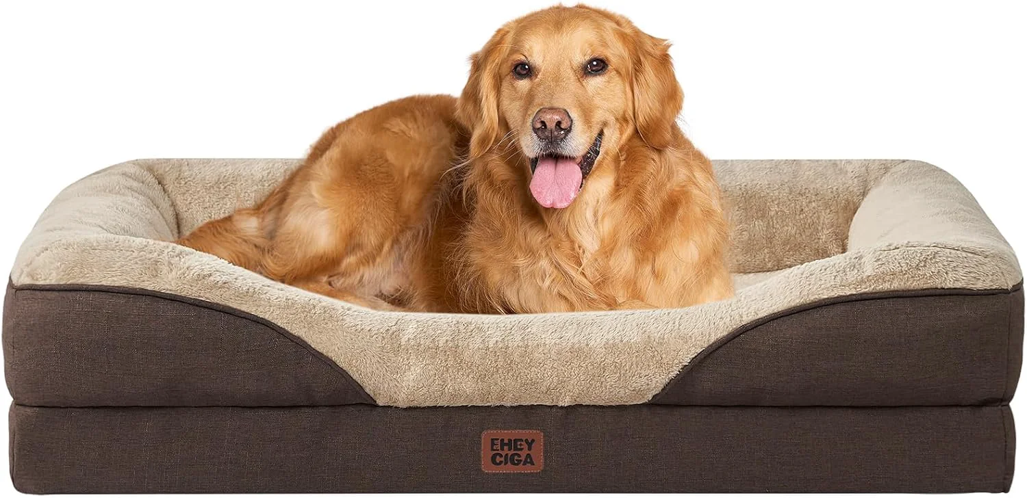 Proven EHEYCIGA Memory Foam XL Dog Bed for XLarge Sized Extra Large Orthopedic Dog Sofa with Sides and Waterproof Liner Washable Bolster Pet Couch with Removable Cover 48x35x7.5 Inch Brown Enhanced