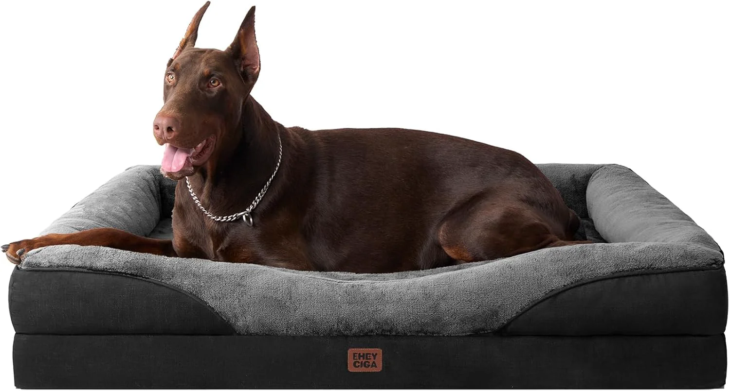 Effective EHEYCIGA Memory Foam XL Dog Bed for XLarge Sized Extra Large Orthopedic Dog Sofa with Sides and Waterproof Liner Washable Pet Couch with Removable Cover 48x35x7.5 Inch Grey Black Enhanced