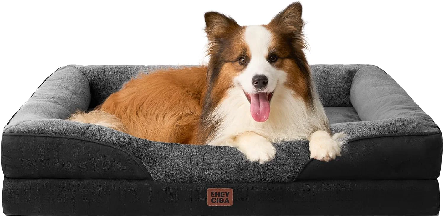 Modern EHEYCIGA Memory Foam Dog Bed for Large Sized Orthopedic Dog Sofa with Sides and Waterproof Liner Washable Bolster Pet Couch with Removable Cover 41x27x7.5 Inch Grey Black Carefully Designed