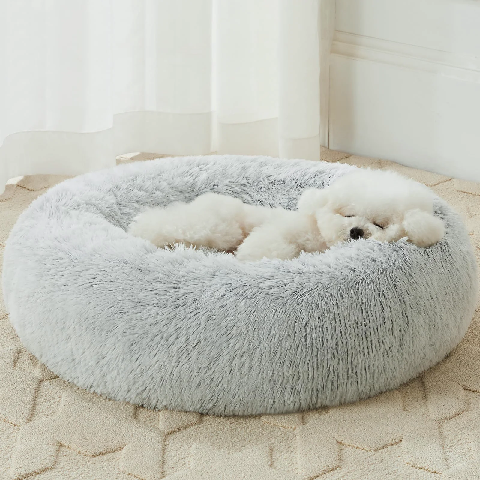 Smart WNPETHOME Calming Donut Bed for Dogs Cats — Self-Warming Faux Fur 24x24 in Light Grey Comfortable
