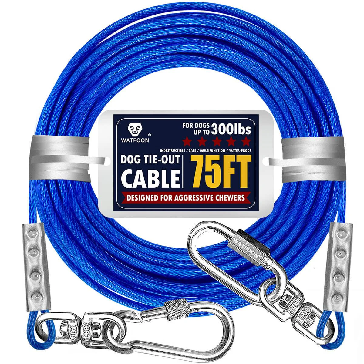 Natural WATFOON Tie Out Cable for Dogs Up to 300lbs - 75ft 1000lbs Break Strength Reflective Blue Recyclable