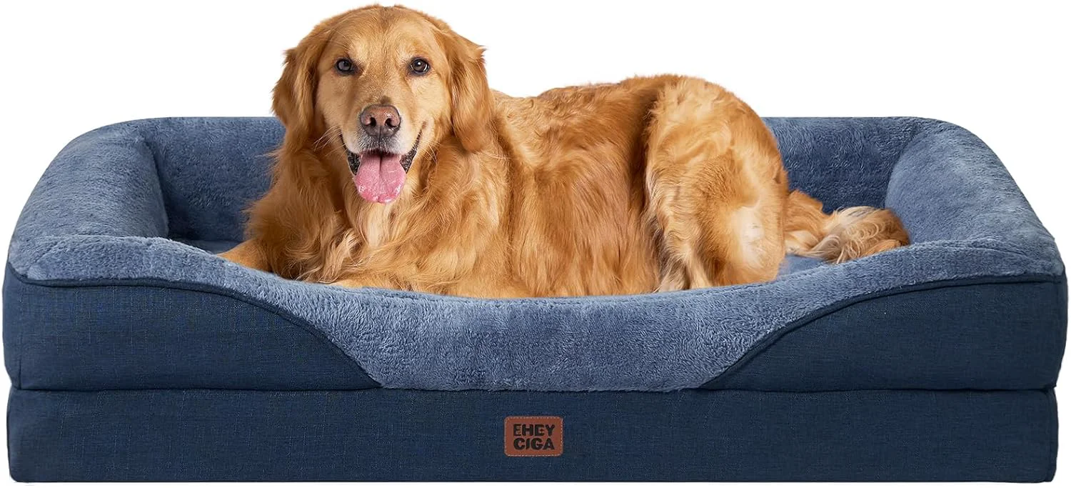 Optimized EHEYCIGA Memory Foam Dog Bed for Large Sized Orthopedic Dog Sofa with Sides and Waterproof Liner Washable Bolster Pet Couch with Removable Cover 41x27x7.5 Inch Navy Premium Material