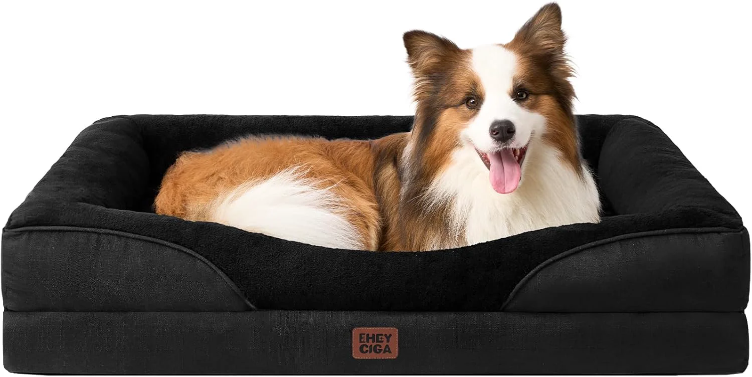 Refined EHEYCIGA Memory Foam Dog Bed for Large Sized Orthopedic Dog Sofa with Sides and Waterproof Liner Washable Bolster Pet Couch with Removable Cover 41x27x7.5 Inch Black Safe