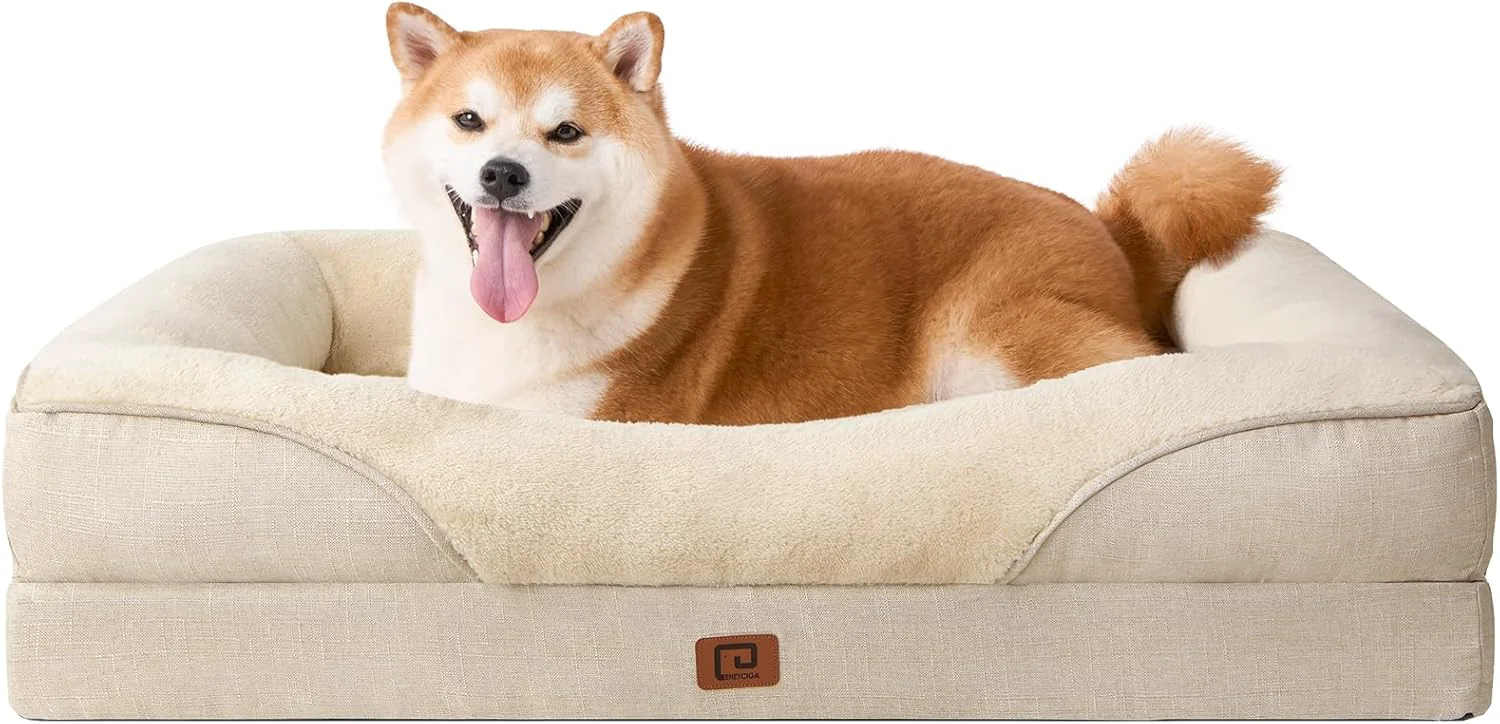 Luxury EHEYCIGA Memory Foam Dog Bed for Large Sized Orthopedic Dog Sofa with Sides and Waterproof Liner Washable Bolster Pet Bed Couch with Removable Cover 36x27x7 Inch Beige Functional