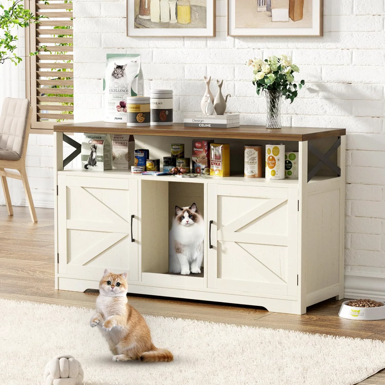 Healthy Cat Litter Box Enclosure for 2 Cats 47 Double Hidden Litter Box Furniture with Scratch Pad Farmhouse Indoor Litter Box Cabinet Cat Washroom White Prestigious