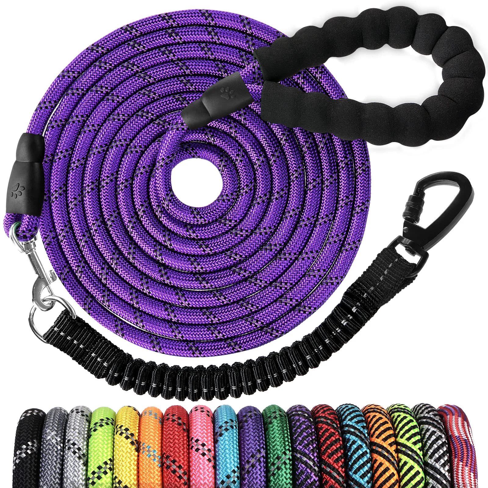 Superior Jenico Long Dog Leash 50 FT – Heavy-Duty Nylon Rope Padded Handle Reflective Bungee Swivel Hook Traditional