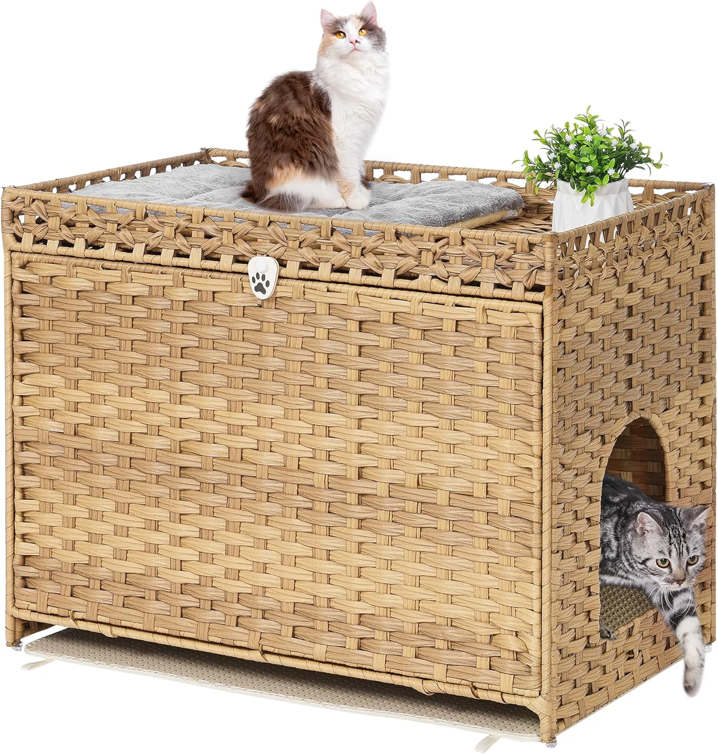 Minimalist Cat Litter Box Enclosure with Soft Litter Mat Hidden Cat Washroom Furniture with Door Handwoven Rattan Kitten House with Large Space Pet Crate for Living Room Bedroom Balcony Natural World-Class