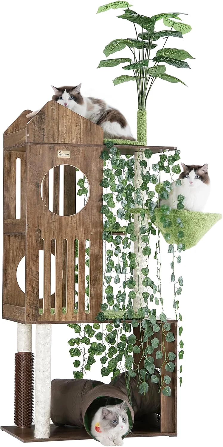 High-Performance FourFurPets Large Cat Tree with Leaves 72.8-Inch Cat Tower for Indoor Cats Modern Cat Tree with Scratching Post Large Perch Tunnels Swing Ball Self Groomer Greige Organic
