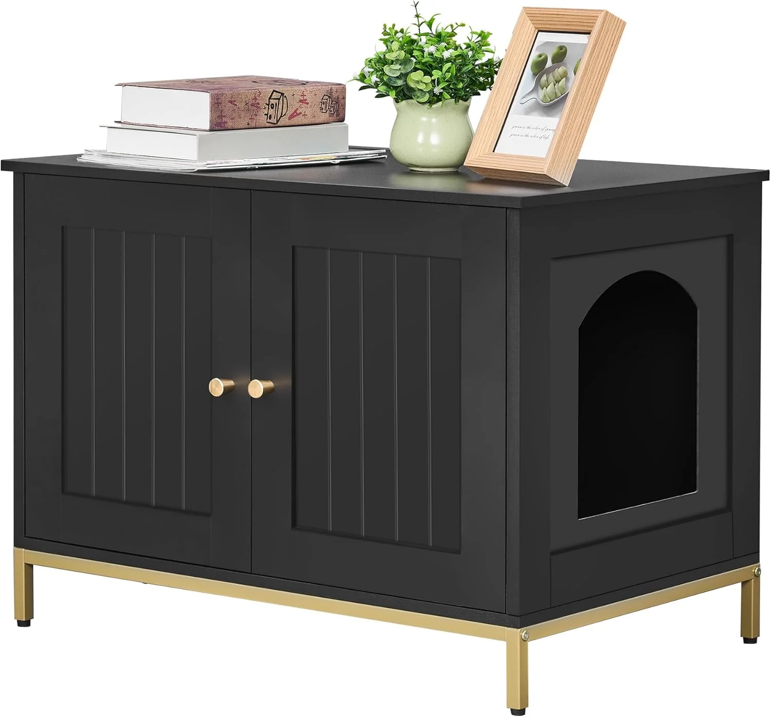 Functional Homhedy Cat Litter Box Enclosure Cat Washroom Furniture with Metal Frame Pet House Fit Most of Litter Box Modern Style Black and Gold Eco-Friendly