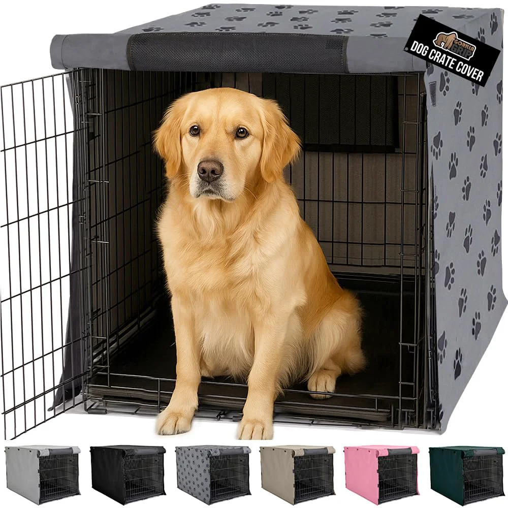 Refined GORILLA GRIP Dog Crate Covers for 42-Inch Crates All-Sides Open Privacy Cover with Breathable Mesh Windows Gray Paw Premium