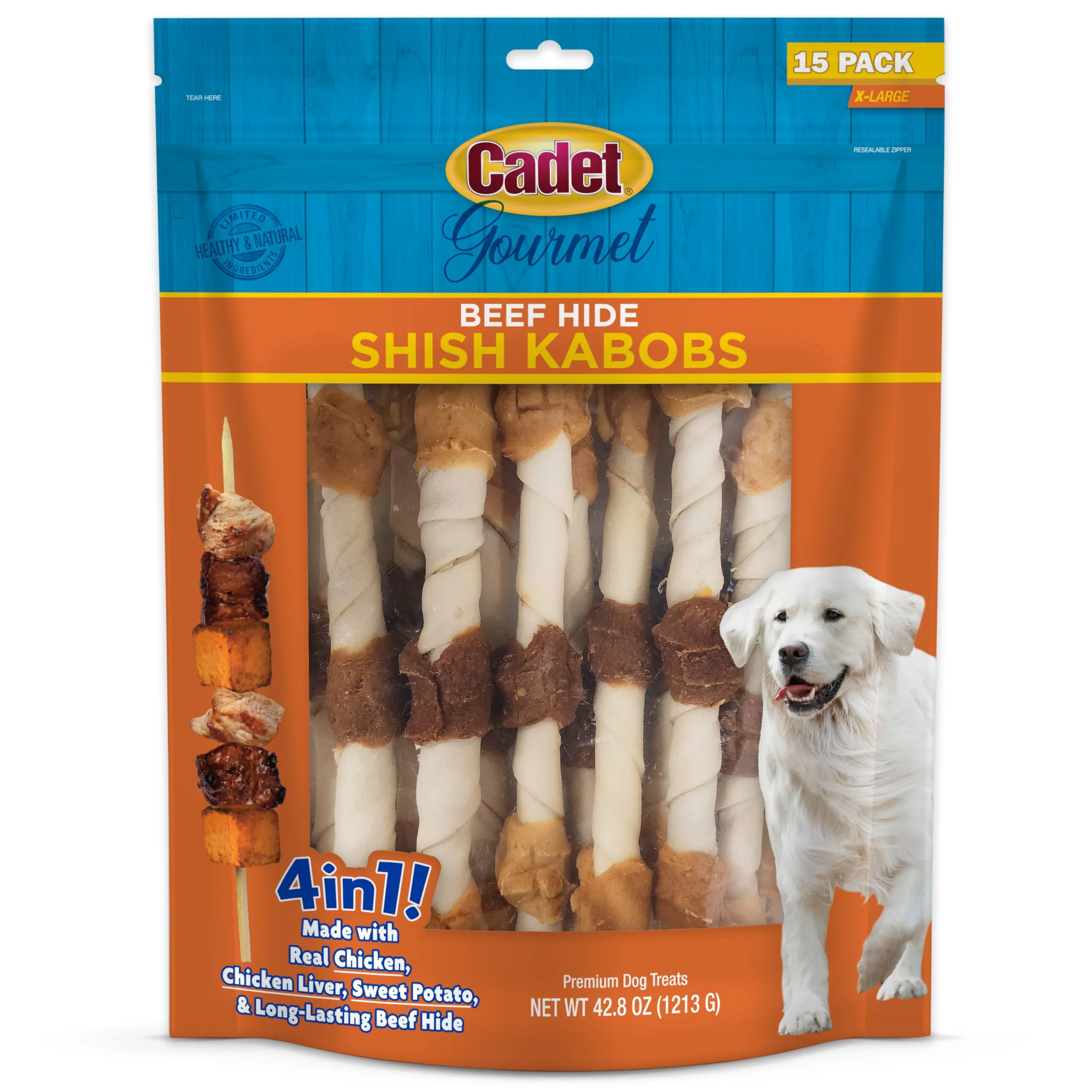 First-Class Cadet Gourmet X-Large Triple-Flavored Beef Hide Shish Kabob Dog Treats 30 Lbs Traditional