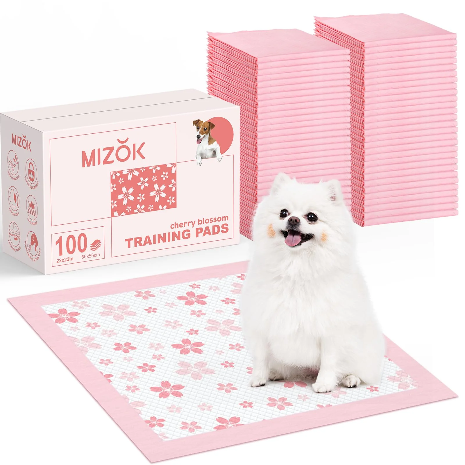 Optimized MIZOK Puppy Pads 22x22 – Pink Cherry Blossom 6-Layer Leak-Proof Quick-Dry 100 Count Convenient