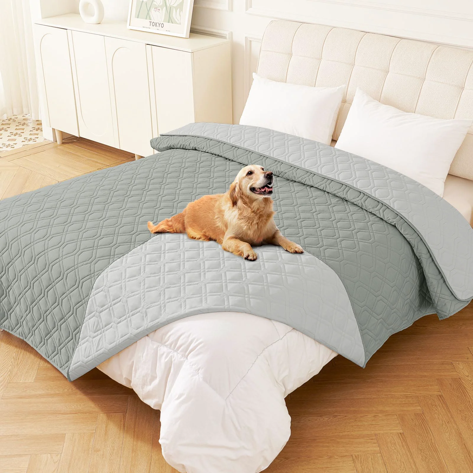 Trendy hyha Waterproof Dog Bed Blanket — Reversible Sofa Cover for Dogs 82x82 in Grey Light Grey Contemporary